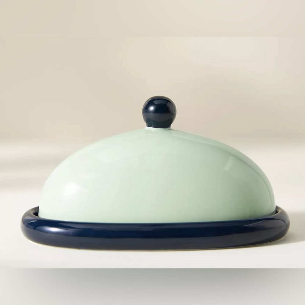 Anthropologie Rika Butter Dish mint green Handpainted stoneware